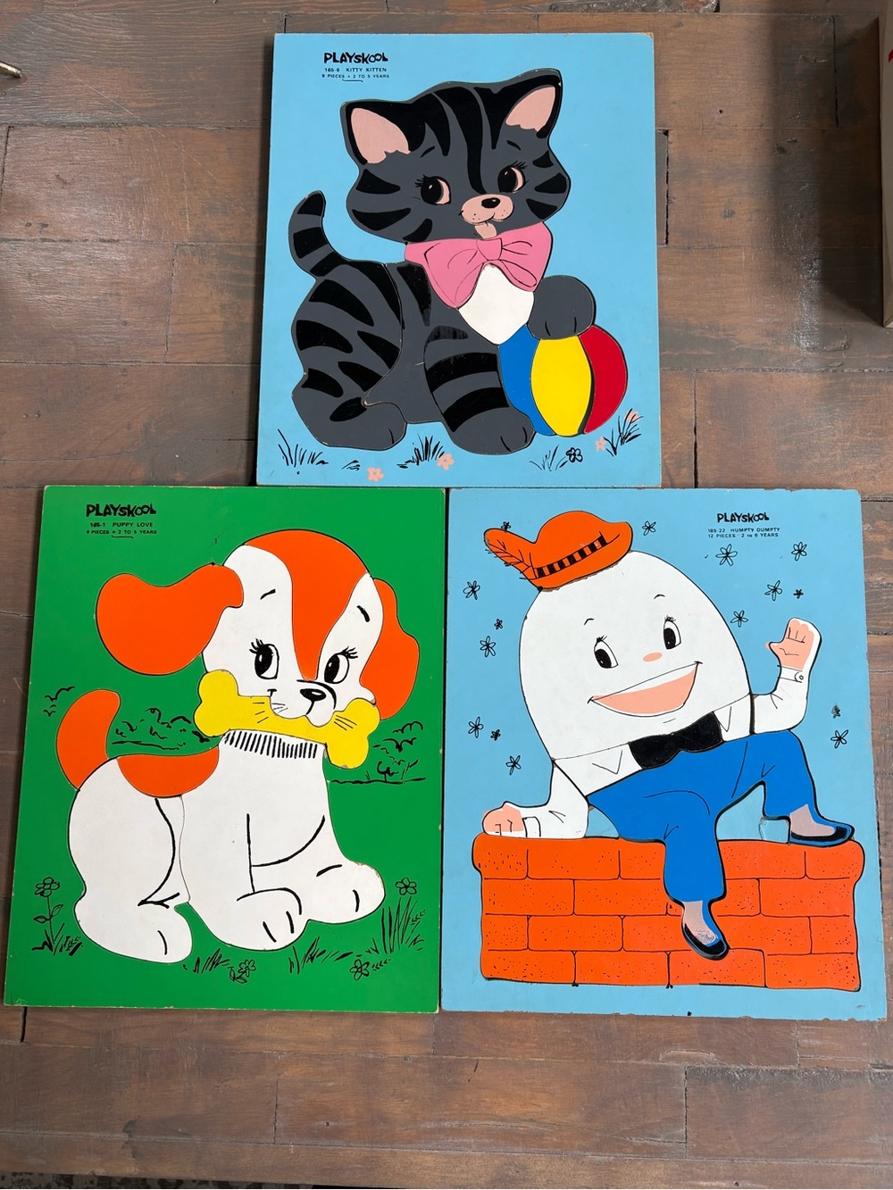 Vintage wooden playschool Puzzle Panels - Black Cat, Orange Dog, Humpty Dumpty